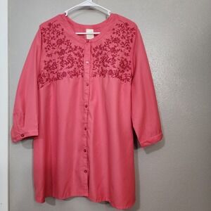 Blair Women's Size XL Coral Embroidered Floral‎ Button Front 3/4 Sleeve Blouse